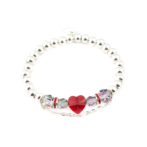 BRAVE HEART METALLIC BRACELET | Red Crystal Heart | Faceted Crystals | 925 Silver Dipped